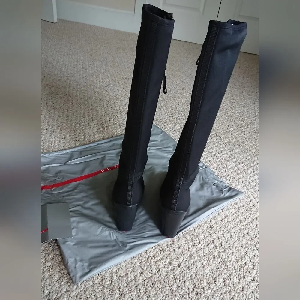 Prada black silk Radzmire fabric sporty knee high wedge boots size 6